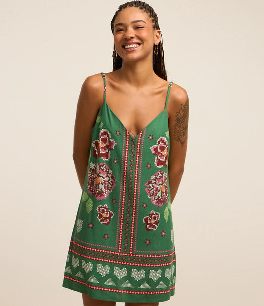 Vestido Curto em Viscolinho com Decote V Alça Fina e Estampa Floral Verde